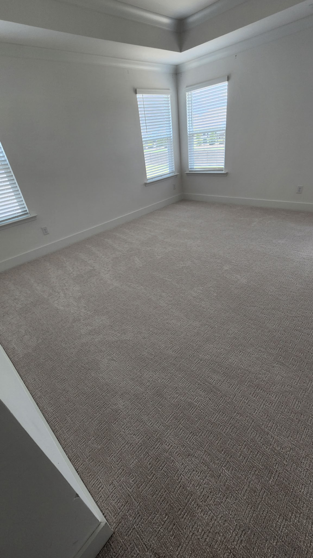 Freshly installed plush carpet in a bedroom